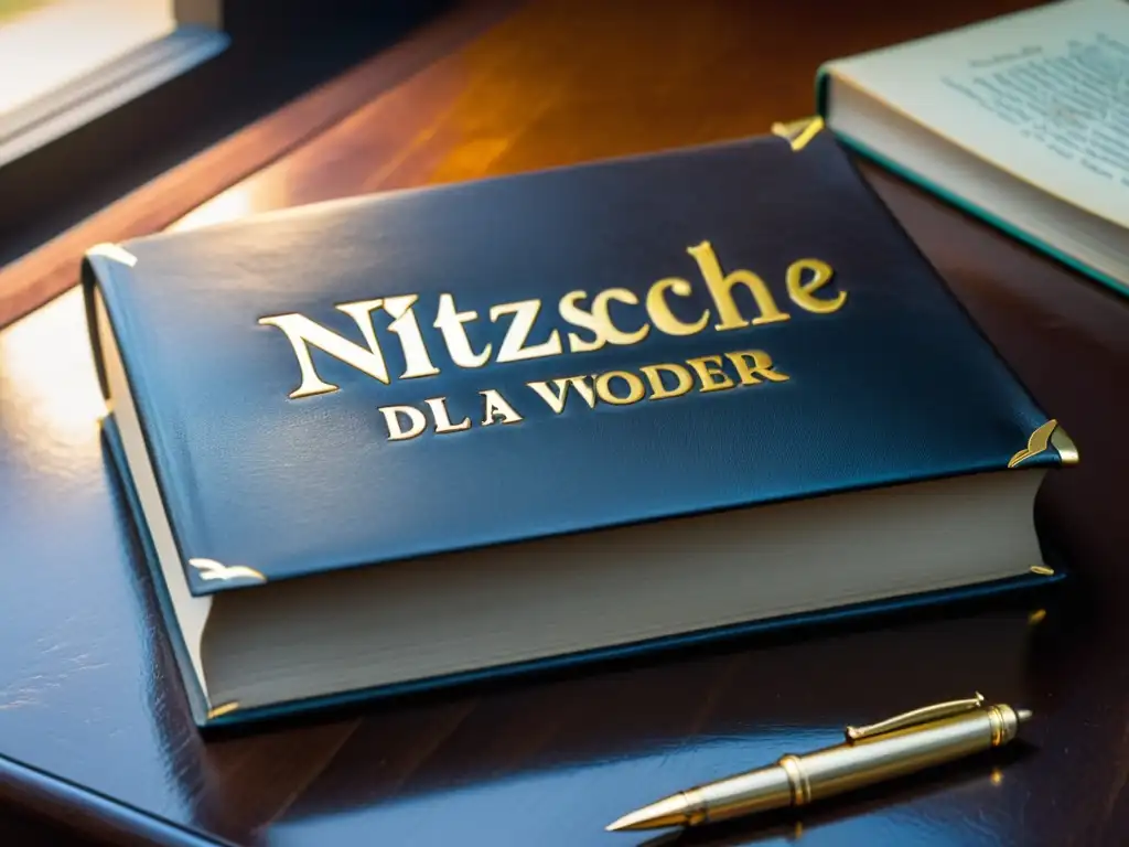 Un libro desgastado de Nietzsche reposa en un escritorio, junto a herramientas de estudio