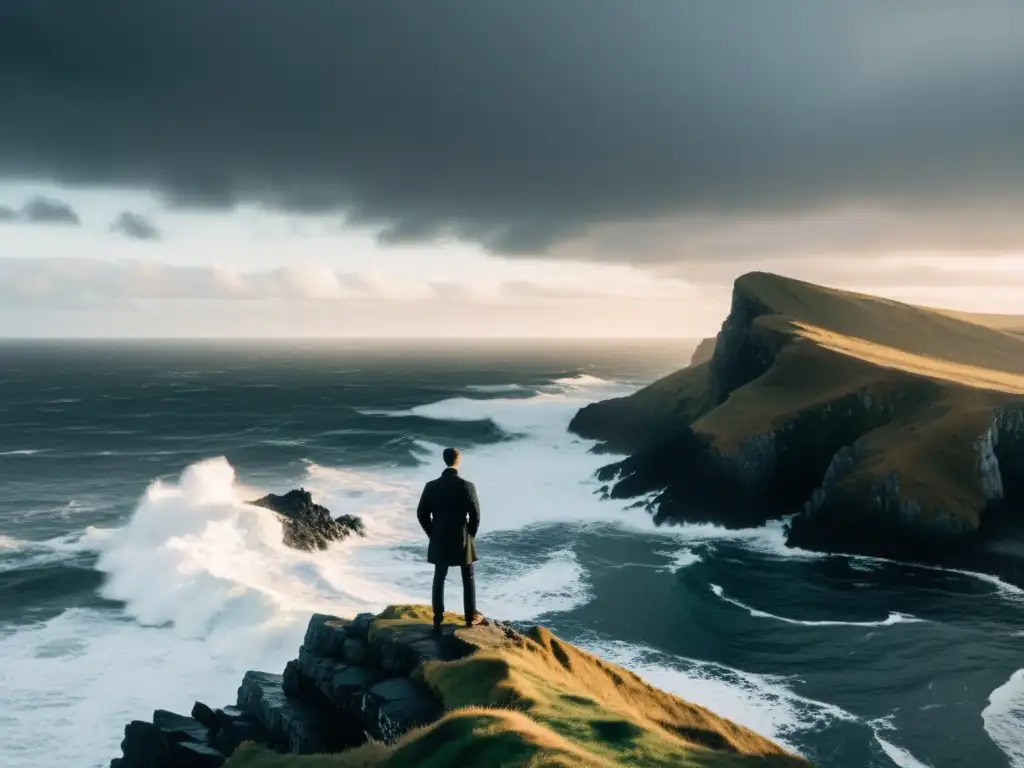 Un líder contemplativo de pie en un acantilado, enfrentando el mar tempestuoso