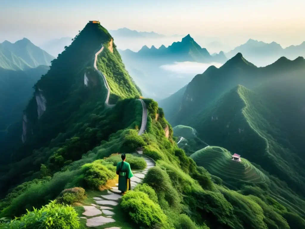Un líder servicial desde la perspectiva de Lao Tse reflexiona en la cima de la montaña, evocando serenidad y sabiduría atemporal