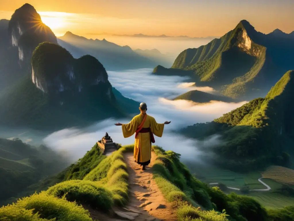 Un líder servicial desde la perspectiva de Lao Tse: una figura solitaria de pie en la cima de una montaña neblinosa al amanecer, transmitiendo sabiduría y tranquilidad bajo la cálida luz dorada del sol naciente