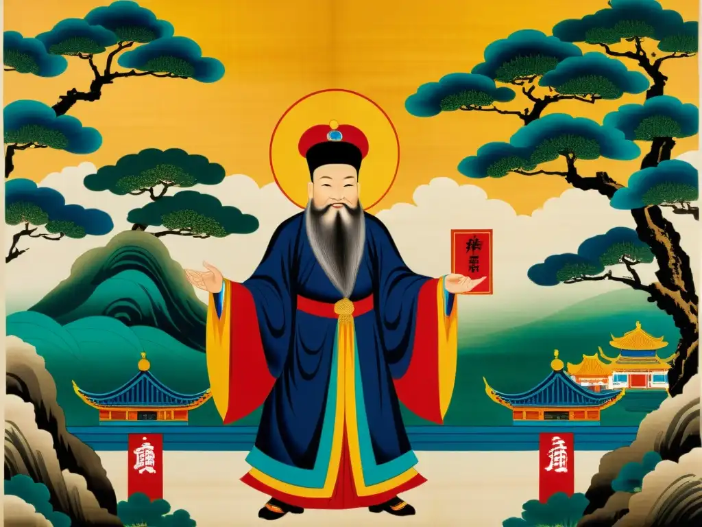 Líder virtuoso en Confucianismo presidiendo una sociedad armoniosa y próspera en una pintura tradicional china