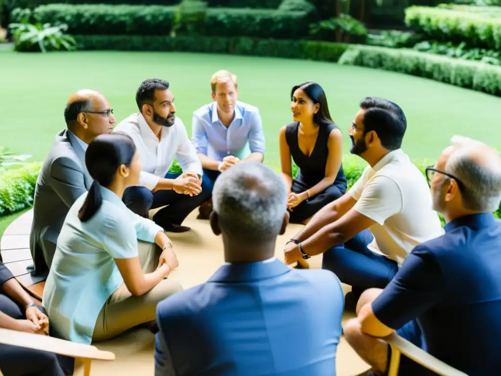 Líderes empresariales inmersos en diálogo consciente durante retiro de equipo, integrando filosofía Krishnamurti en estrategias corporativas