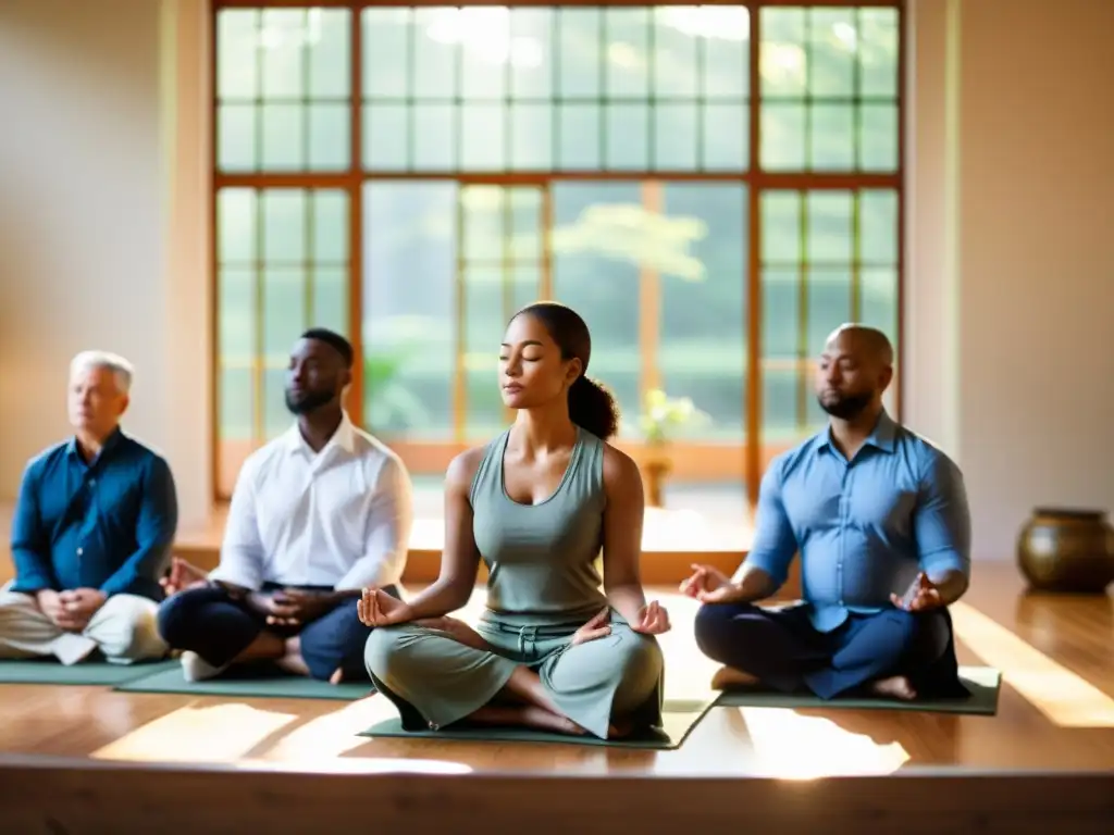 Líderes empresariales practican técnicas budistas para mindfulness en liderazgo en una sesión de meditación serena