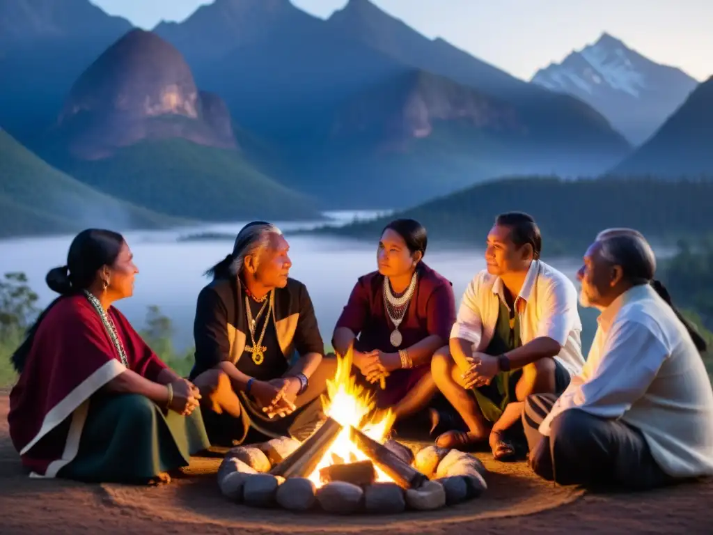 Líderes indígenas en círculo alrededor del fuego, vistiendo atuendos tradicionales, en profunda discusión