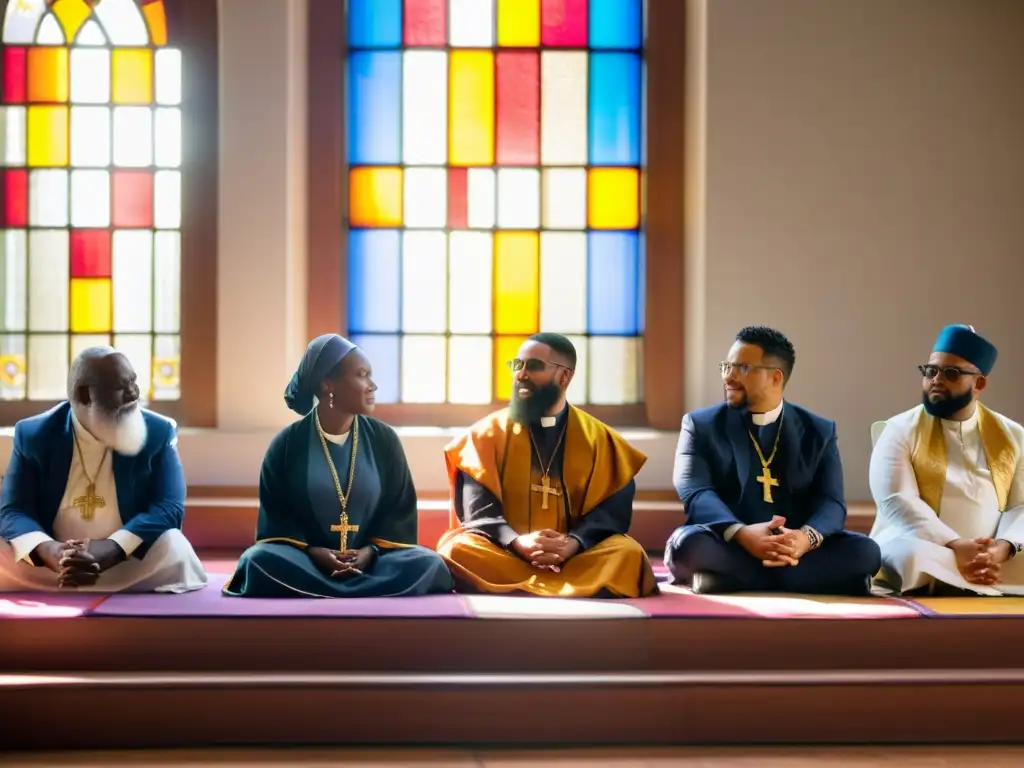 Líderes religiosos en círculo, compartiendo oraciones y rituales, reflejando la belleza y unidad del diálogo interreligioso espiritualidad