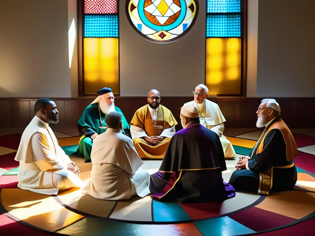 Diversos líderes religiosos dialogan en círculo, compartiendo perspectivas bajo la luz filtrada de vitrales