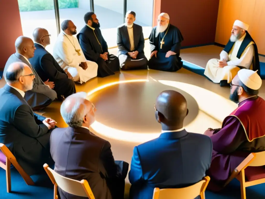 Líderes religiosos de diferentes credos dialogan en círculo, bañados por cálida luz solar