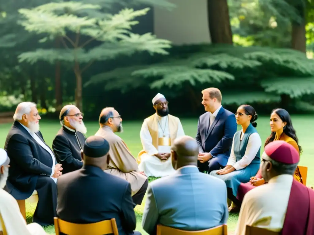 Líderes religiosos en diálogo interreligioso, mostrando respeto y comprensión en un entorno sereno