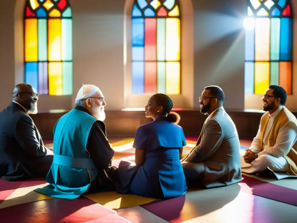 Líderes religiosos en profundo diálogo interreligioso y filosofía, expresando empatía y entendimiento, con luz de ventana de vitral