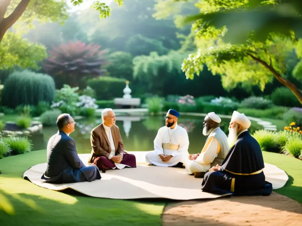 Líderes religiosos dialogan en un jardín tranquilo, vistiendo atuendos tradicionales