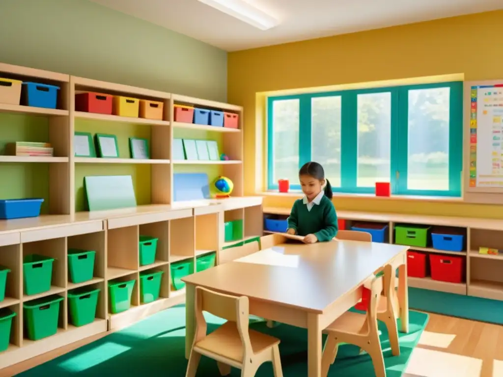 Salón Montessori luminoso con niños autónomos en actividades educativas y materiales coloridos