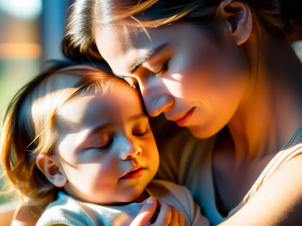 Una madre abraza tiernamente a su hijo, expresando cuidado y amor