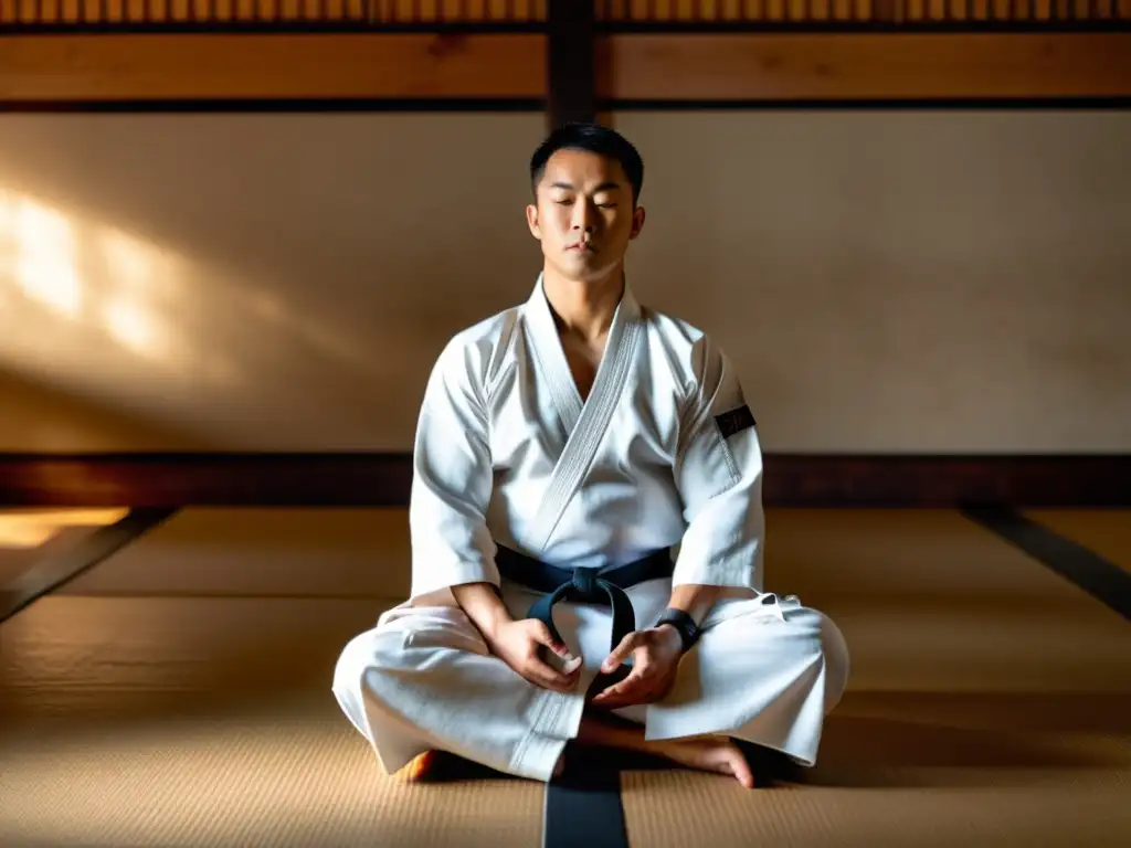 Maestro de artes marciales en gi blanco meditando en un dojo tradicional, transmitiendo disciplina mental en artes marciales con su expresión serena