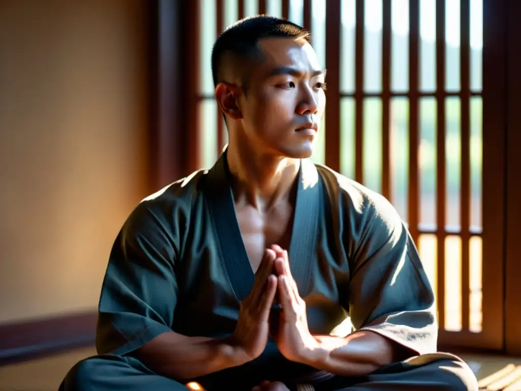 Maestro de artes marciales en meditación, transmitiendo disciplina mental en un entorno sereno y enfocado