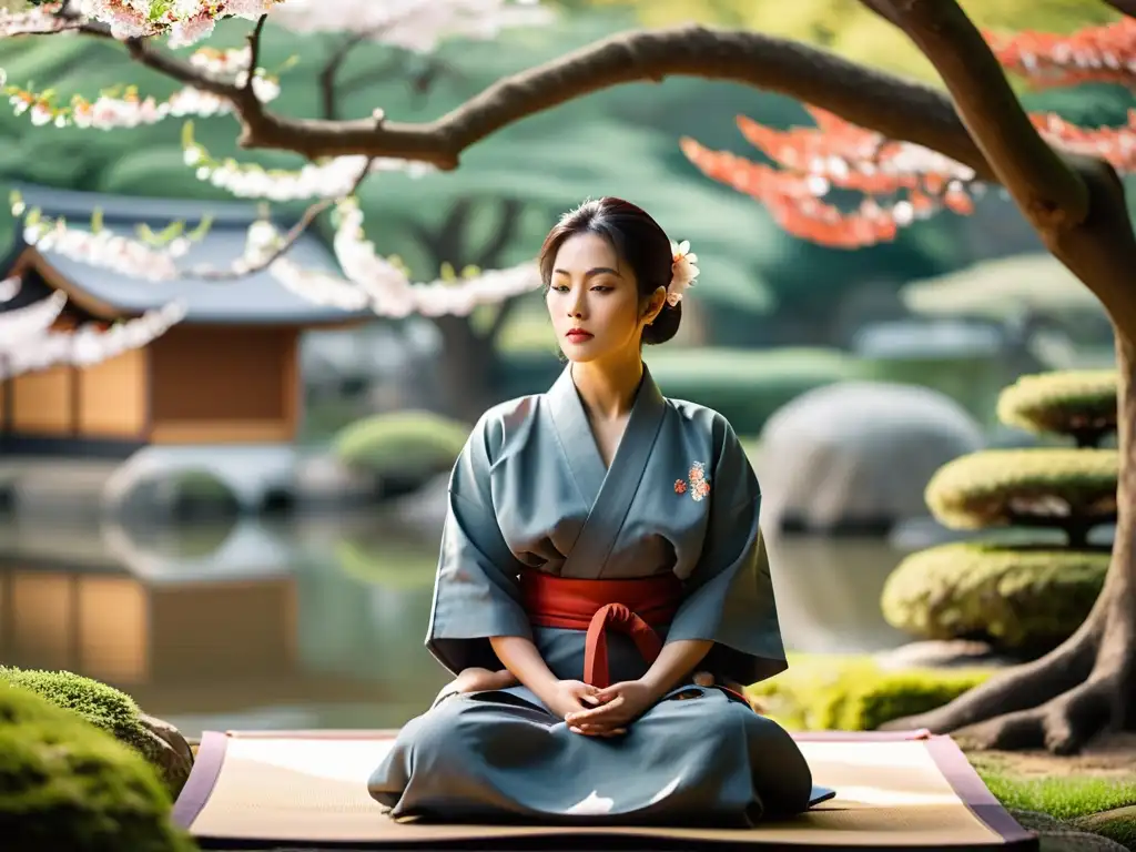 Un maestro de artes marciales medita con disciplina en un jardín japonés, reflejando fuerza y paz interior
