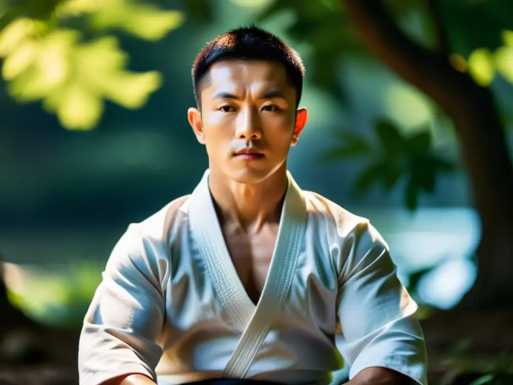 Un maestro de artes marciales en meditación, rodeado de una naturaleza serena