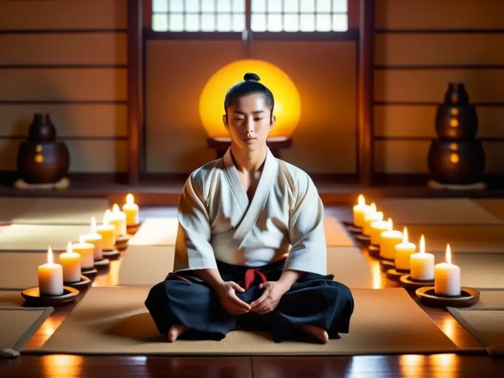 Maestro de artes marciales en meditación, rodeado de velas y armas antiguas en un dojo tradicional