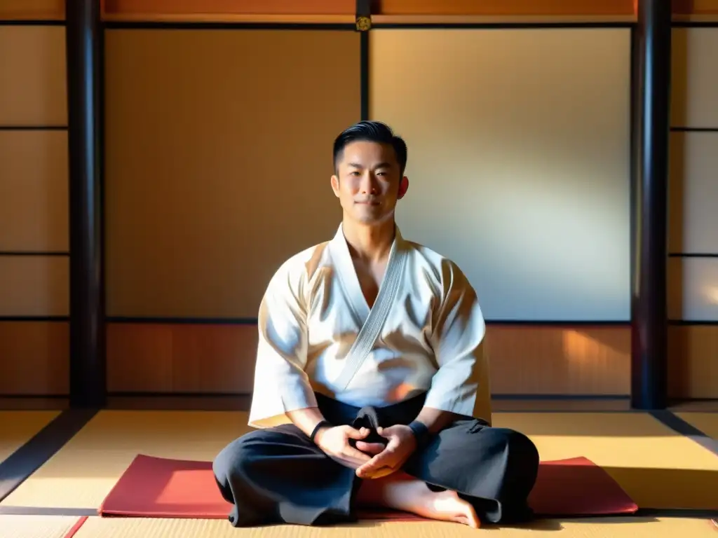 Un maestro de artes marciales en meditación serena, reflejando disciplina mental en artes marciales