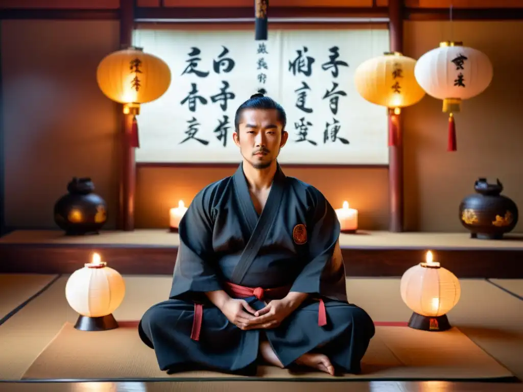 Un maestro de artes marciales sereno medita en un dojo tradicional, rodeado de velas y faroles