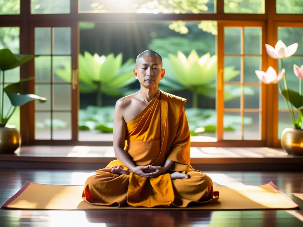 Un maestro budista contemporáneo en meditación, rodeado de vegetación y flores de loto en un ambiente sereno y luminoso