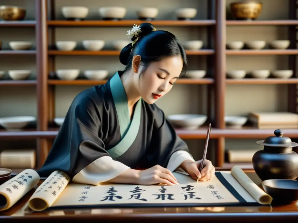 Un maestro de caligrafía china escribe con gracia sobre un pergamino, rodeado de antiguos textos