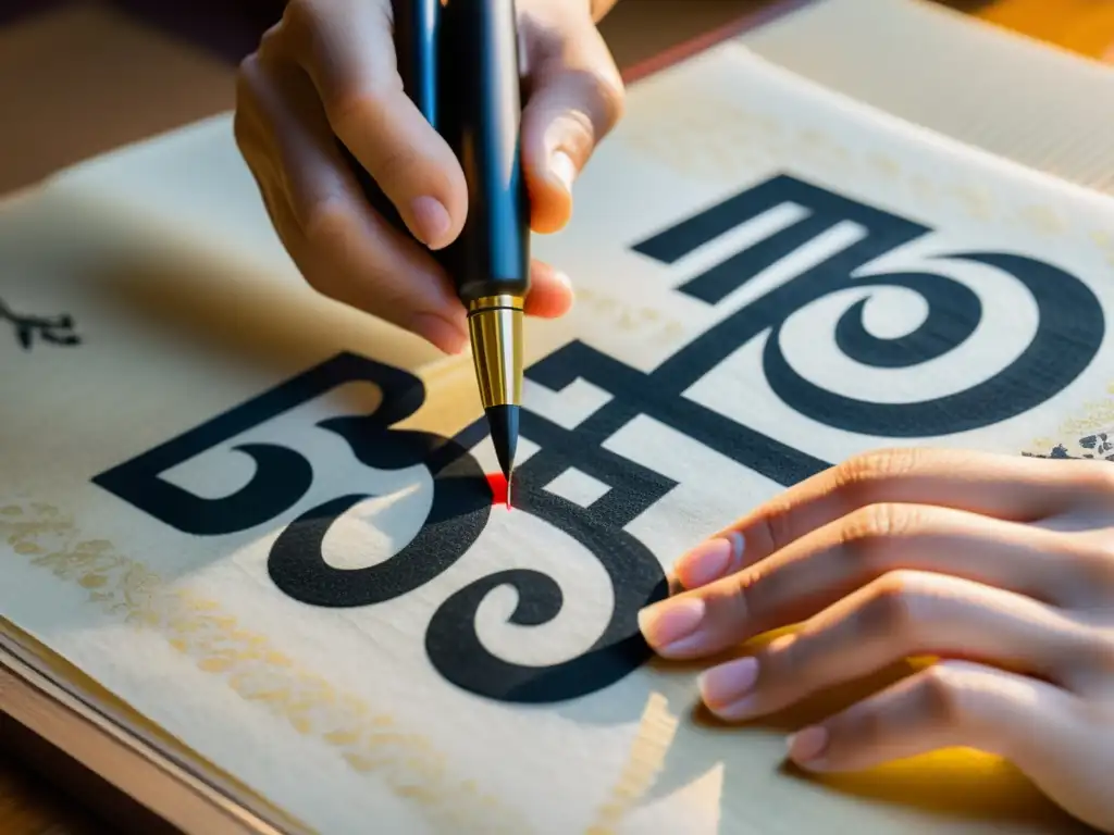 Un maestro de caligrafía japonesa pintando caracteres intrincados en papel de arroz, transmitiendo sabiduría antigua y maestría artística