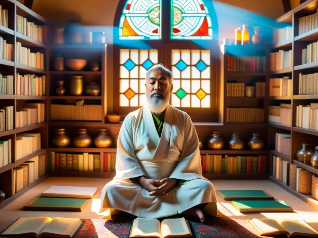 Un maestro sufí en meditación en un cuarto iluminado por el sol, rodeado de antiguos textos y hierbas