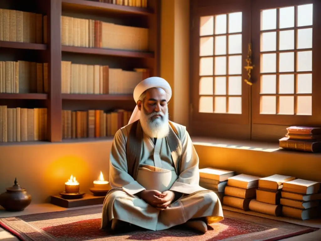 Un maestro sufí medita en una habitación iluminada por el sol, rodeado de antiguos textos