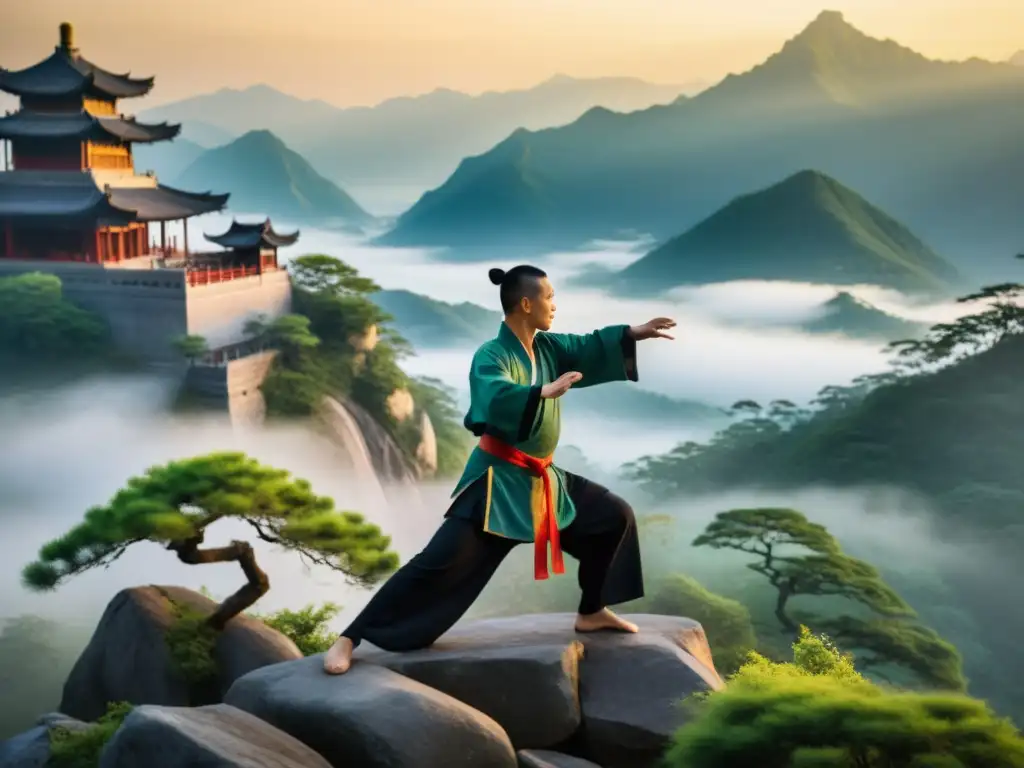 Maestro de kung fu en la montaña neblinosa al amanecer, mostrando la conexión espiritual entre artes marciales y taoísmo con gracia y serenidad