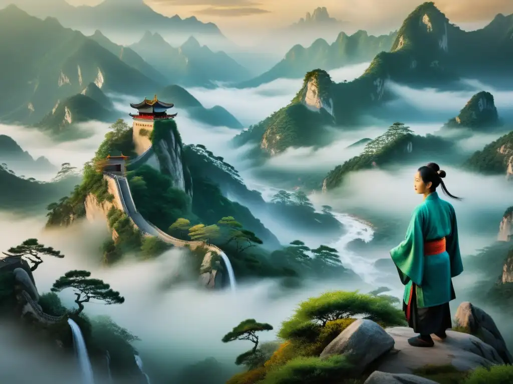 Un maestro practica Tai Chi en un paisaje de montaña sereno en un antiguo pergamino chino, evocando las 'Lecciones del Arte de la Estrategia Taoísta'