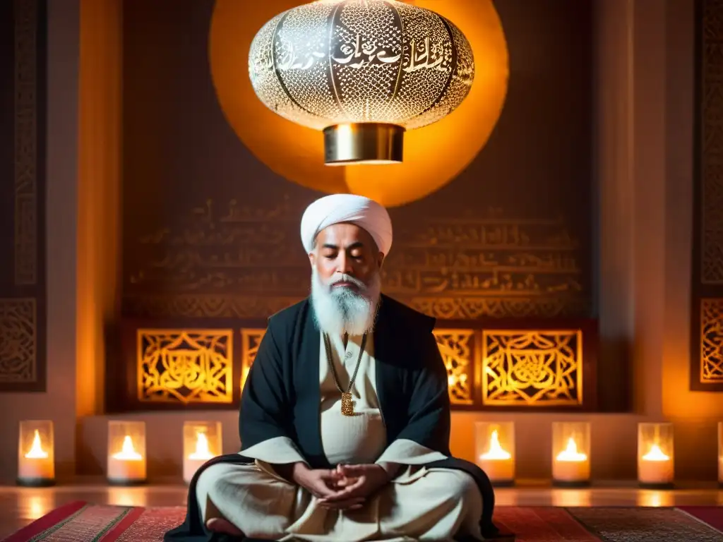 Un maestro sufí medita en la penumbra, iluminado por velas y lámparas, con patrones de caligrafía y diseños geométricos en las paredes
