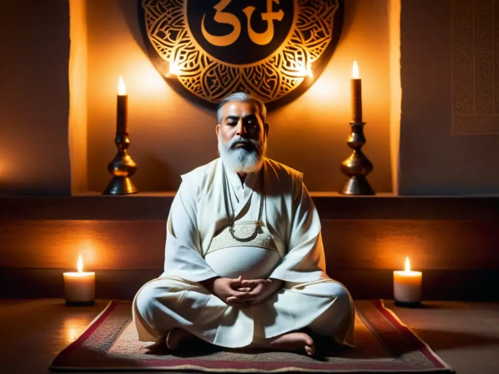 Un maestro Sufi en meditación, rodeado de luz de velas en un ambiente tranquilo