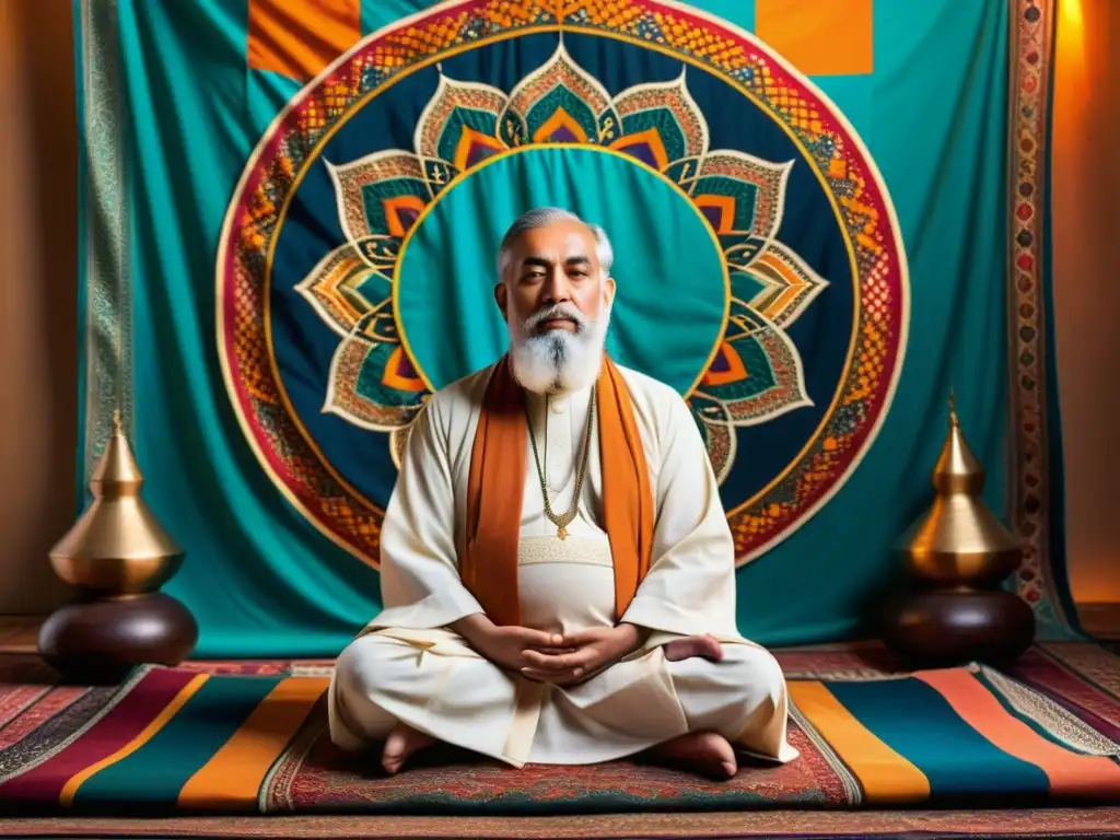 Maestro Sufi en meditación rodeado de tapices coloridos y patrones geométricos, emanando serenidad y sabiduría