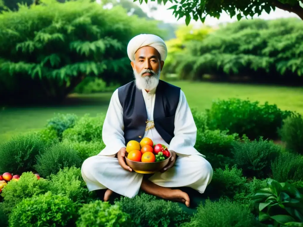 Un maestro sufí en un jardín sereno, sosteniendo una fuente de frutas y verduras, reflejando la dieta Sufi para equilibrio espiritual