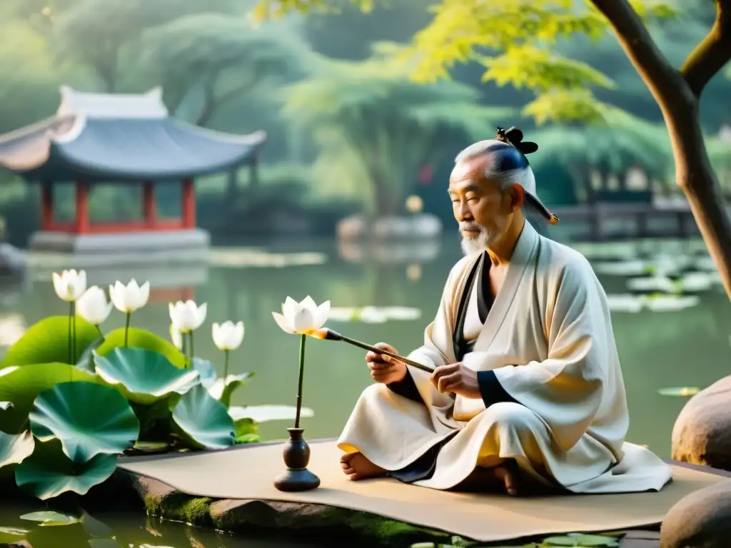 Maestro taoísta en jardín sereno, rodeado de naturaleza exuberante y flores de loto