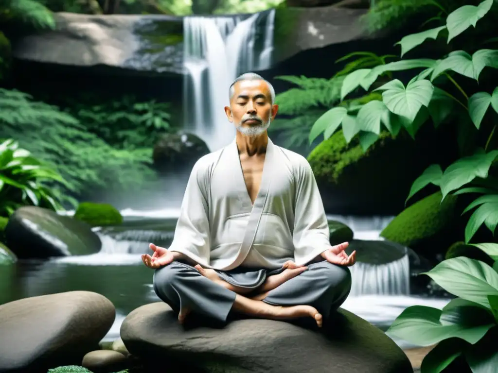 Maestro zen en meditación, rodeado de naturaleza serena y cascada