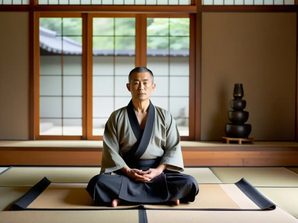 Maestro zen en tatami, irradiando calma y sabiduría en un ambiente sereno y minimalista