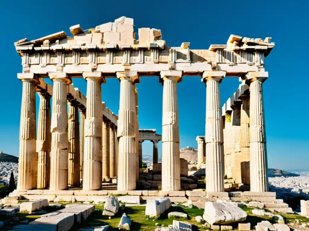 La majestuosa Acropolis de Atenas, con el icónico templo del Partenón destacando contra un cielo azul