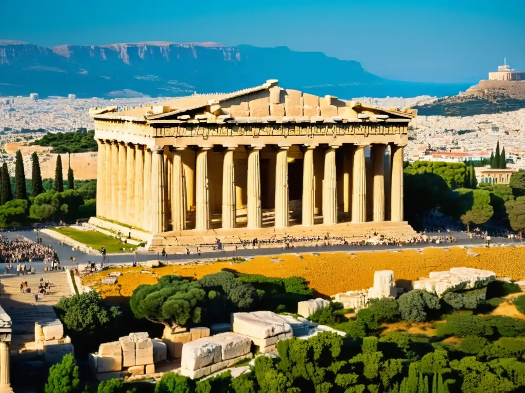 El majestuoso Partenón en la Acrópolis de Atenas: una imagen impresionante La majestuosa Acrópolis de Atenas, símbolo de la filosofía occidental, bañada por la cálida luz dorada, con la moderna ciudad en el fondo