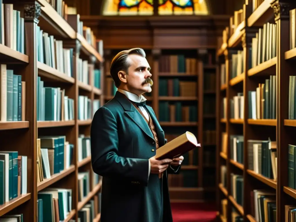 Friedrich Nietzsche reflexiona en una majestuosa biblioteca, rodeado de libros