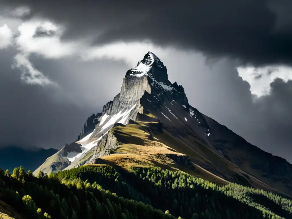 Pico montañoso desafiante bajo cielos tormentosos Una majestuosa montaña en blanco y negro desafiando el cielo tormentoso