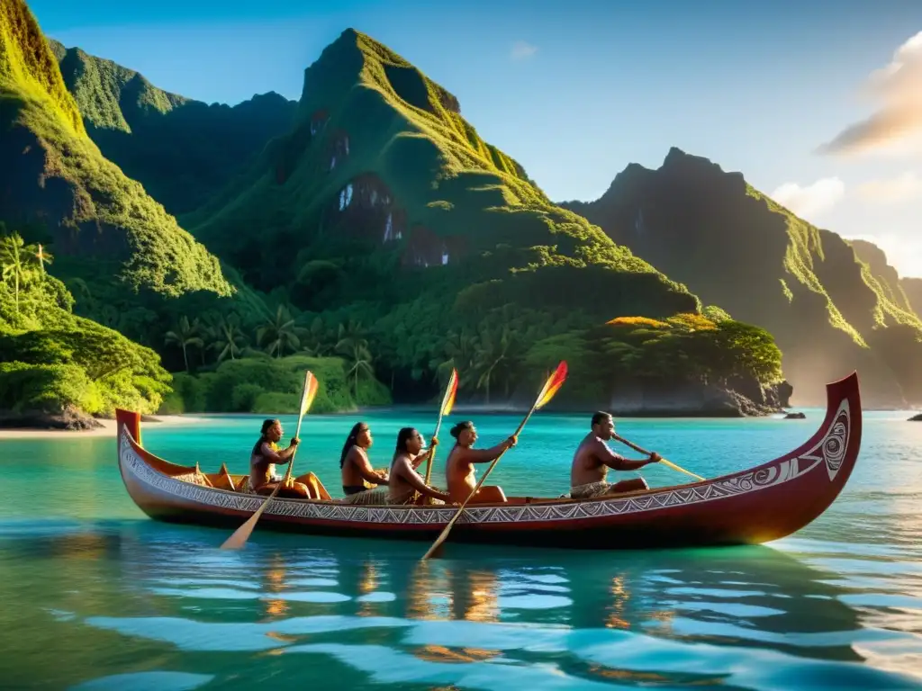 Una majestuosa canoa de guerra Maorí, tallada e adornada con plumas vibrantes y símbolos culturales, surca serenamente las aguas de una isla del Pacífico