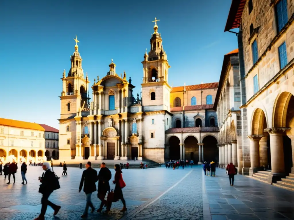 La majestuosa Catedral de Santiago de Compostela, con peregrinos en las calles empedradas y la luz destacando la espiritualidad y la historia de la Filosofía de la vida peregrina Santiago