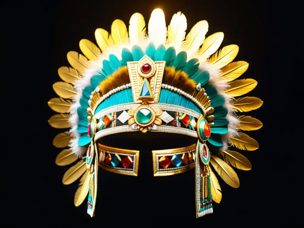 Una majestuosa diadema azteca de oro con plumas y piedras preciosas, exhibida en un museo