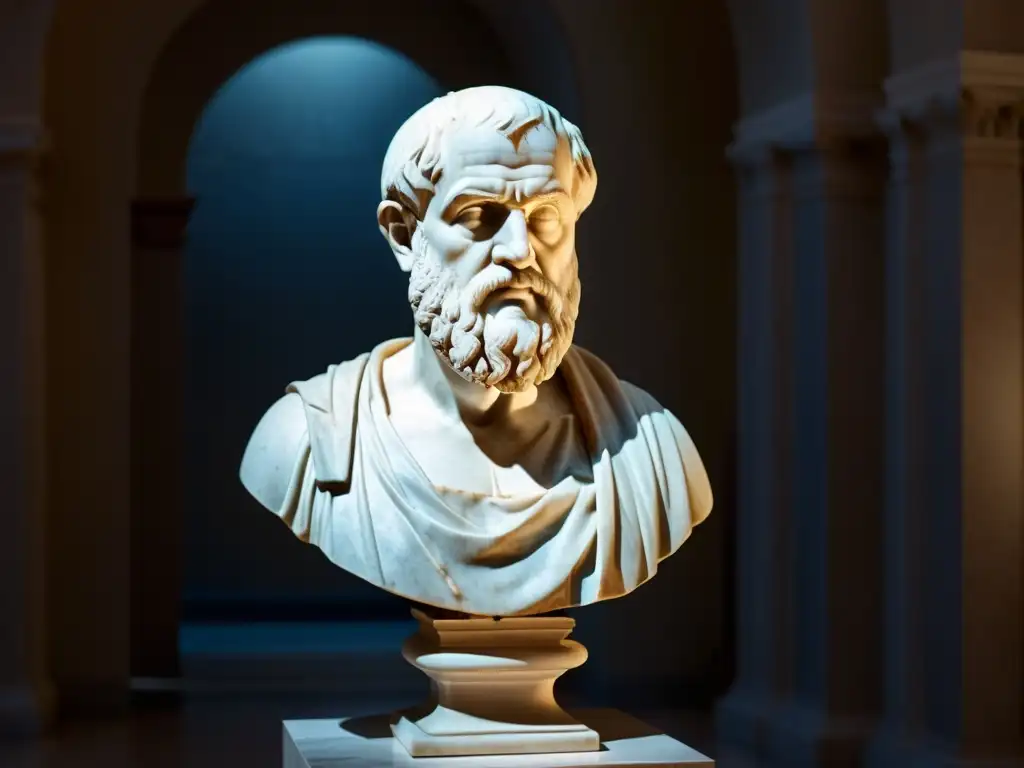 Busto de mármol de Aristóteles en museo grandioso Una majestuosa escultura en mármol de Aristóteles se destaca en un museo iluminado, evocando claves de liderazgo y filosofía transformacional