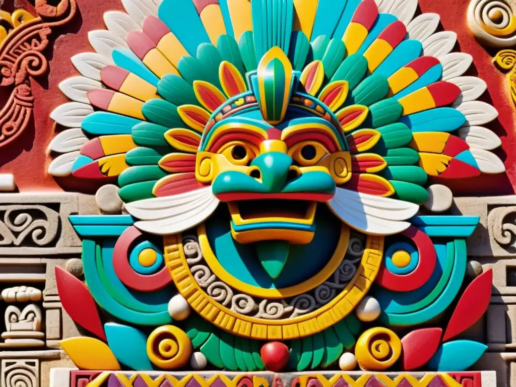 La majestuosa escultura de Quetzalcóatl, con su tocado de plumas y detalles intrincados, en el animado mercado de Tenochtitlan