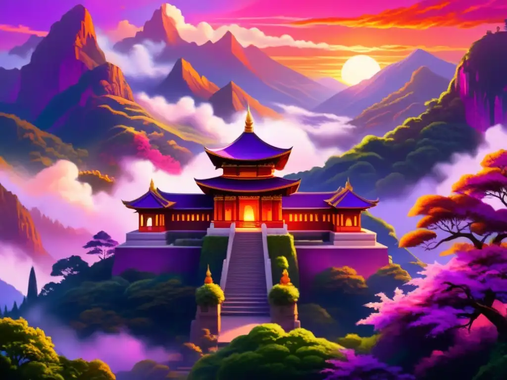 Una majestuosa pintura digital muestra un templo de fuego en las montañas verdes, con detallados grabados y un atardecer brillante