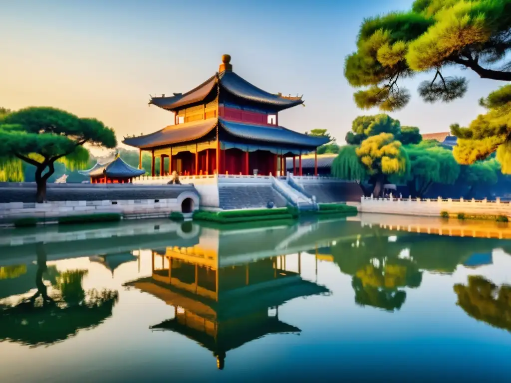 La majestuosa Ruta filosófica Confucio China: atardecer dorado sobre el icónico Templo de Confucio en Qufu, con su reflejo sereno en un estanque
