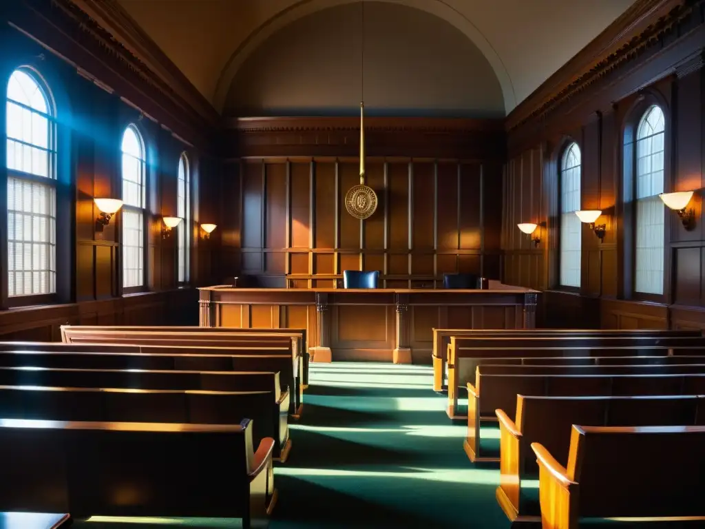 Una majestuosa sala de tribunal histórica con paneles de madera ornamentados, un estrado de juez y filas de asientos para espectadores