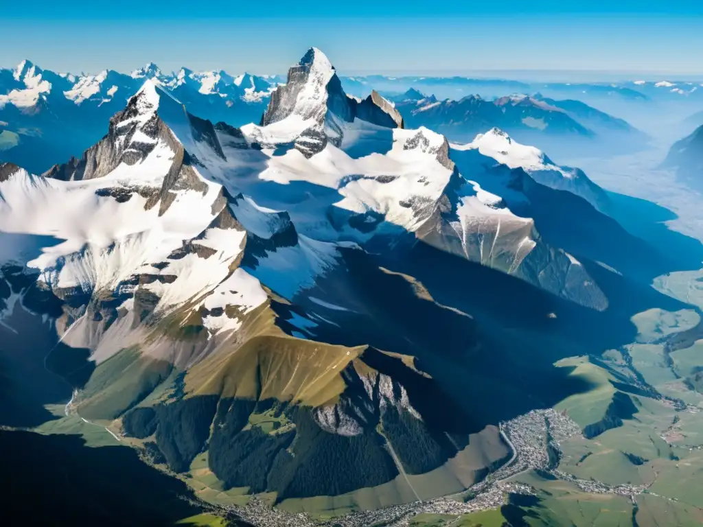 Una majestuosa vista aérea de los Alpes Suizos nevados, con la luz del sol creando largas sombras en las ásperas cimas y profundos valles